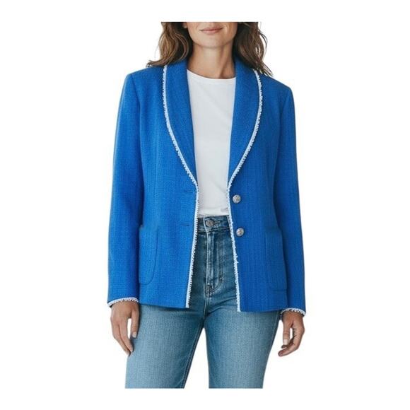 Susan Graver Tweed Shawl Collared Blue Sky Blazer Fray Trim Plus Size 16 NWOT - Picture 1 of 8